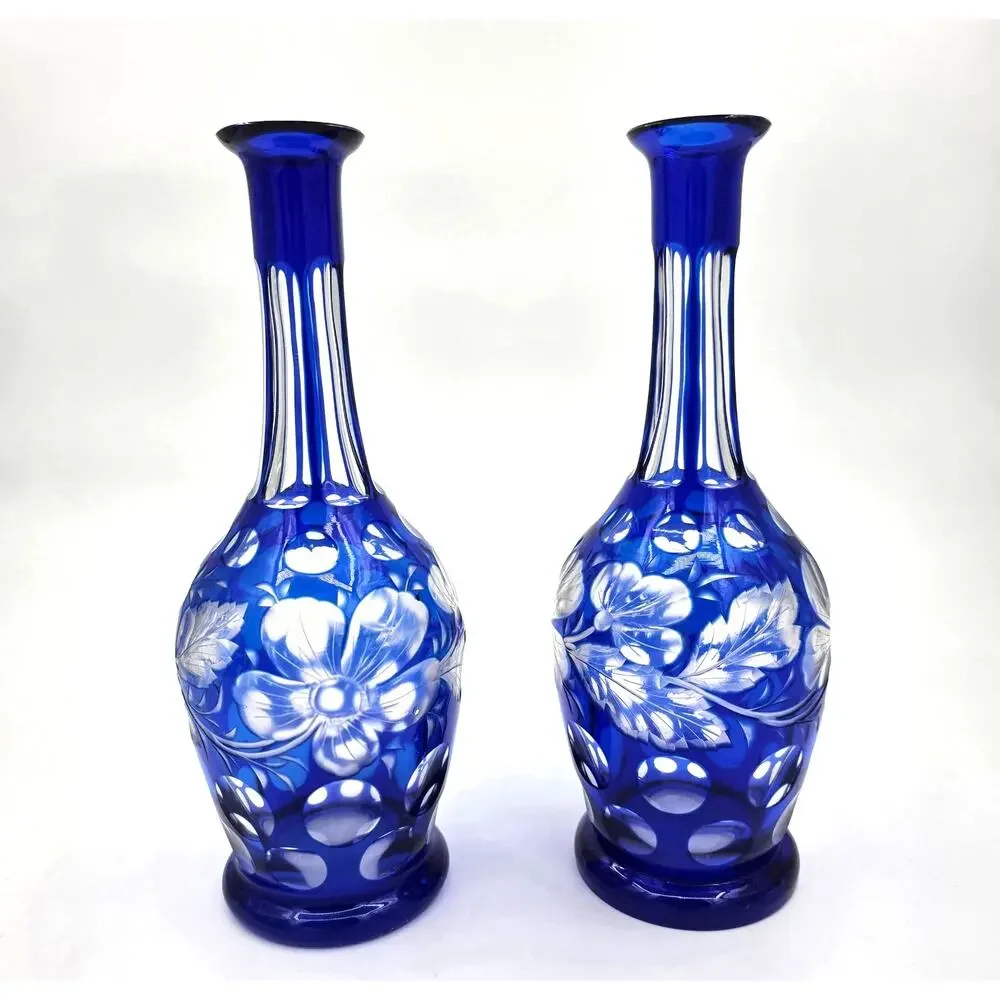 Vintage Bohemian Cobalt Blue Cut to Clear Glass Floral Dot Carafes - Pair 10.5